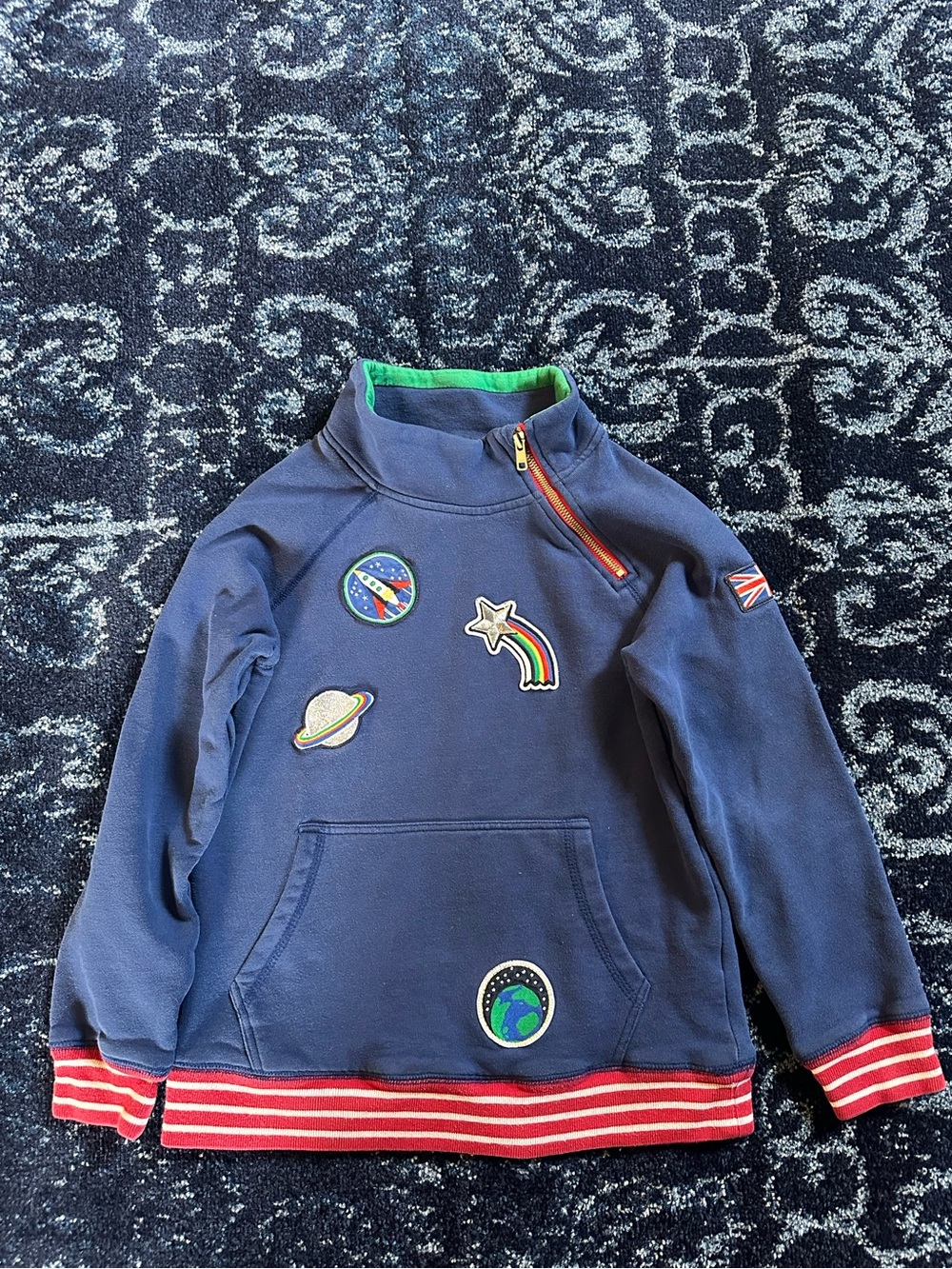 Mini Boden Space Patches Zip Pullover Sweatshirt Size 9/10 (140 cm)